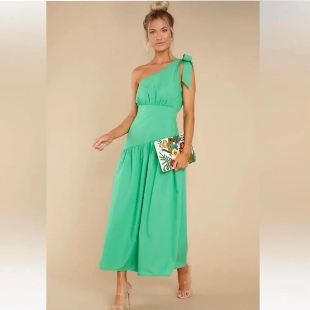 Lalavon Women's Green One Shoulder Tie Dress Midi Tiered Summer Vacation Flowy L